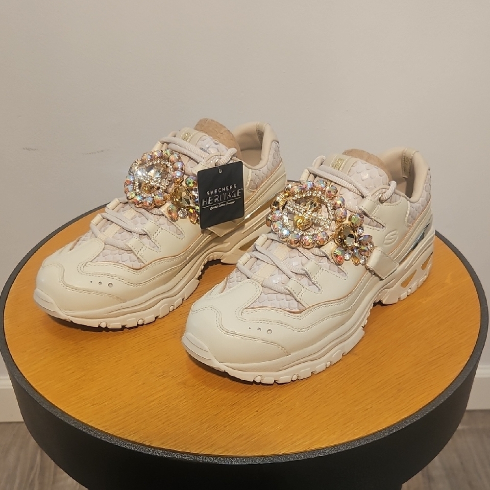 Skechers Heritage Cream Sneakers with Jewel Details